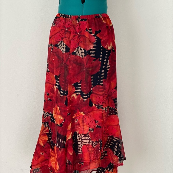 Red Black Floral Ruffle chiffon skirt size M/L - Picture 10 of 12